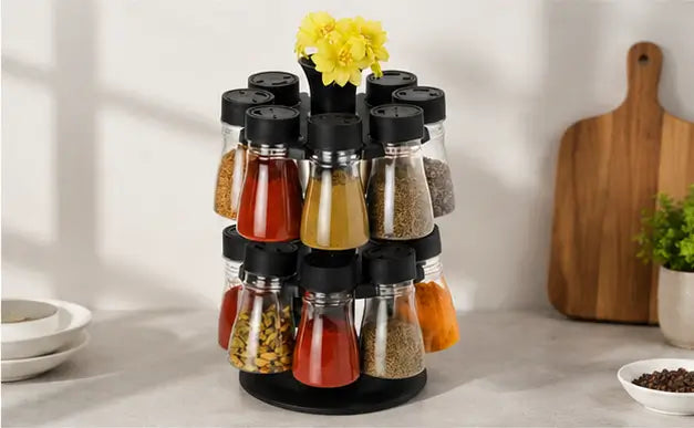 16-in-1 Revolving Condiment Set – Rotating Plastic Spice Rack & Kitchen Masala Organizer