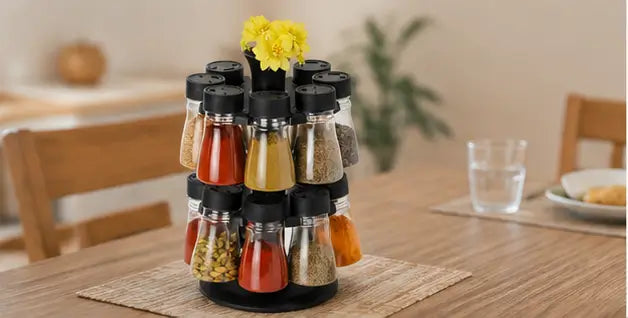 16-in-1 Revolving Condiment Set – Rotating Plastic Spice Rack & Kitchen Masala Organizer