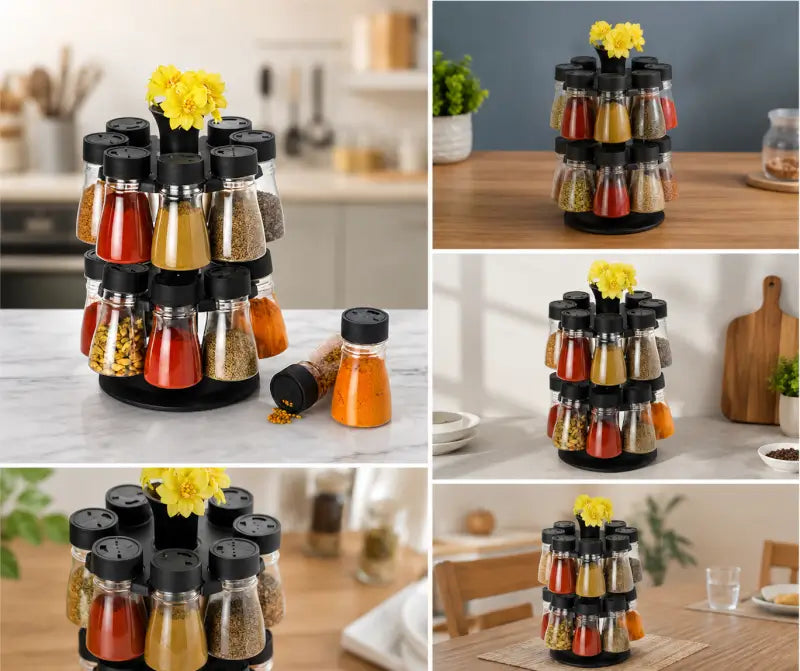 16-in-1 Revolving Condiment Set – Rotating Plastic Spice Rack & Kitchen Masala Organizer